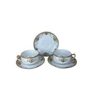 Antique Haviland Limoges Schleiger 924 - 2‎ Cups & 3 Saucers Green Gold Garland